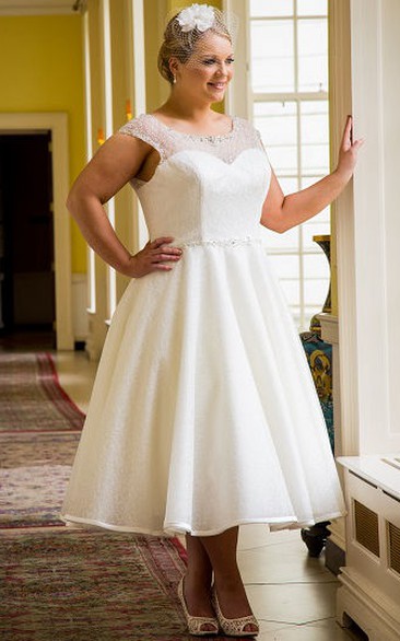 Cap Sleeve Tea Length Bridal Gown With Beading Neck And Waist