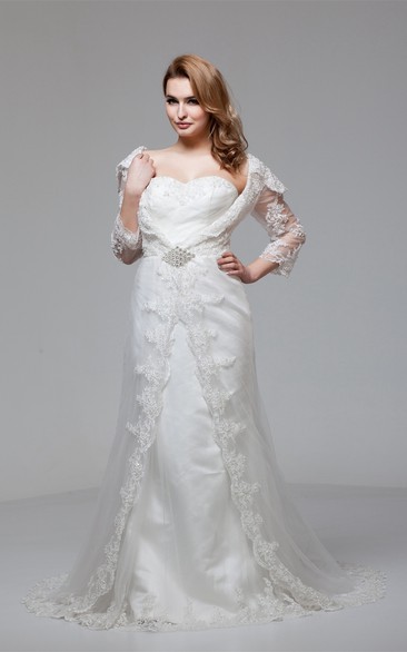 Sweetheart A-Line Lace Illusion Sleeves and Gown With Broach