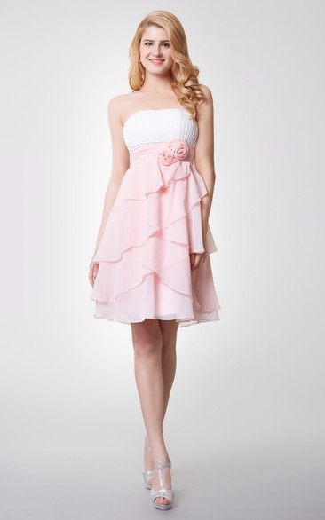 Strapless Empire Tiered Short Chiffon Dress With Ruching