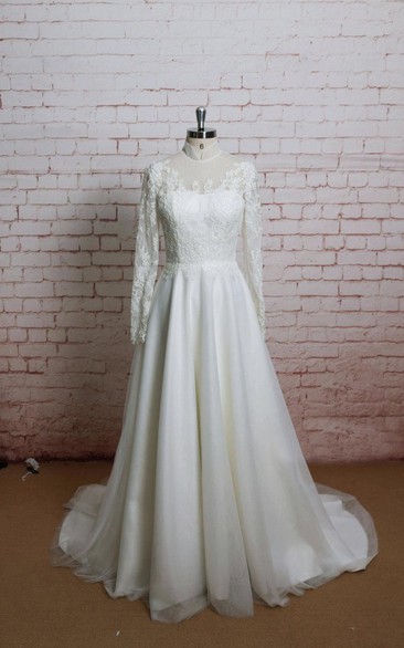 Long Sleeve High Neck A-Line Tulle Dress With Lace Bodice and Illusion Back