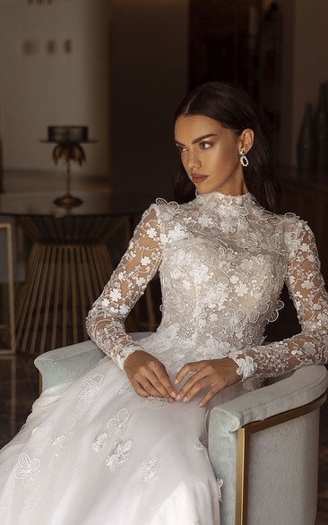 Lace Long Sleeve Illusion Turtleneck A-line Applique Wedding Dress ...