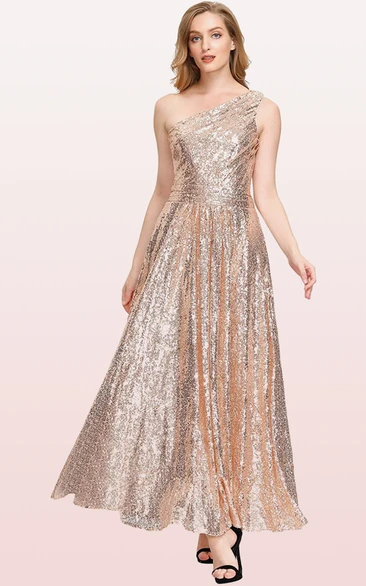 Vintage One-shoulder A Line Sleeveless Ankle-length Sequins Bridesmaid Dress With Ruching