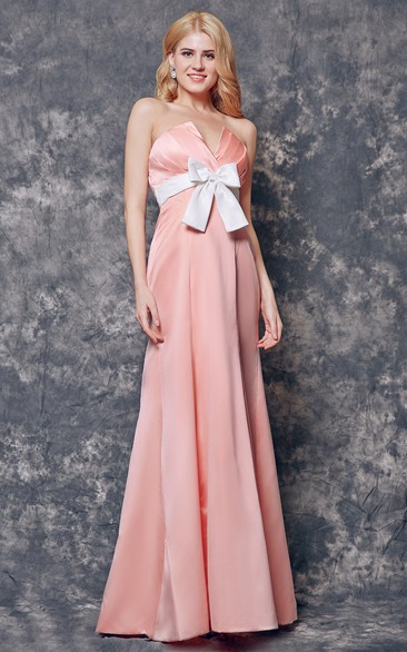Strapless A-line Long Satin Dress With Bow