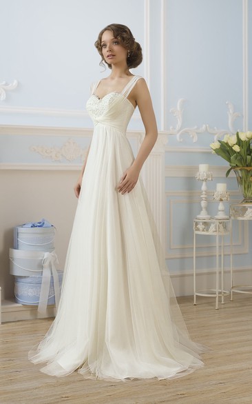 A-Line Floor-Length Straps Sleeveless Lace-Up Tulle Dress With Appliques And Pleats