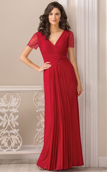Short-Sleeved V-Neck Long Mother Of The Bride Dress With Pleats And Beadings