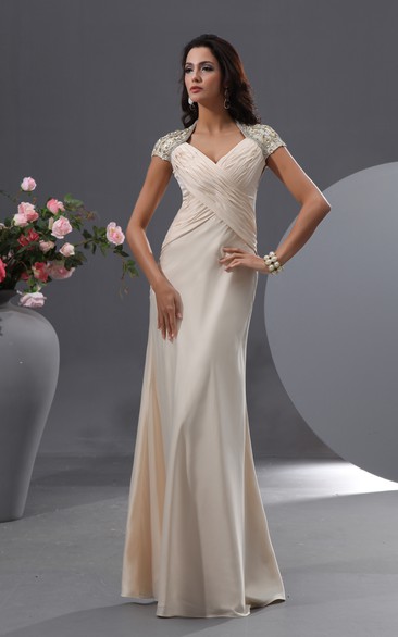 Graceful Queen Anne Chiffon Gown With Shiny Floral Cap Sleeves