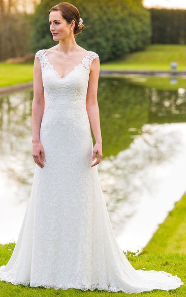 V-Neck Maxi Appliqued Cap-Sleeve Lace Wedding Dress With Sweep Train And Illusion
