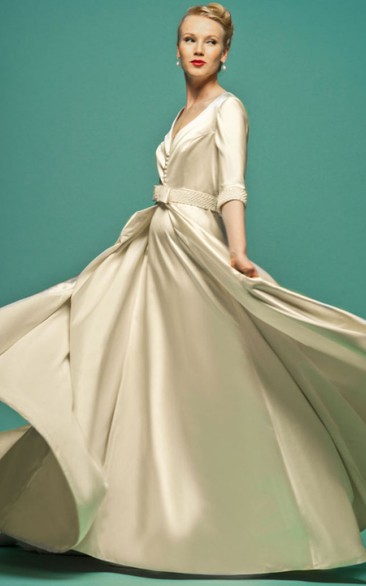 A-Line Floor-Length Jeweled V-Neck Half-Sleeve Satin Wedding Dress With Cape