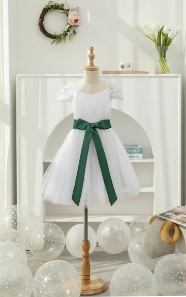 White Short-sleeve A-line Tulle First Communion Flowergirl Dress