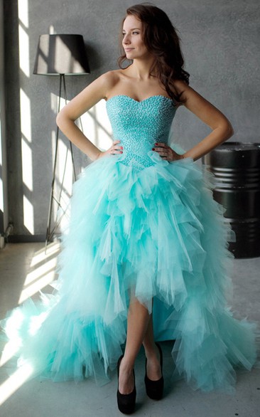 A-Line High-Low Sweetheart Sleeveless Tulle Ruffles Beading Lace-Up Dress