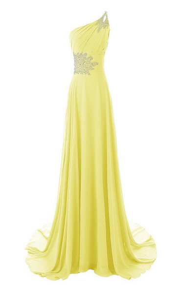 One-shoulder Beaded Chiffon A-line Gown With Train