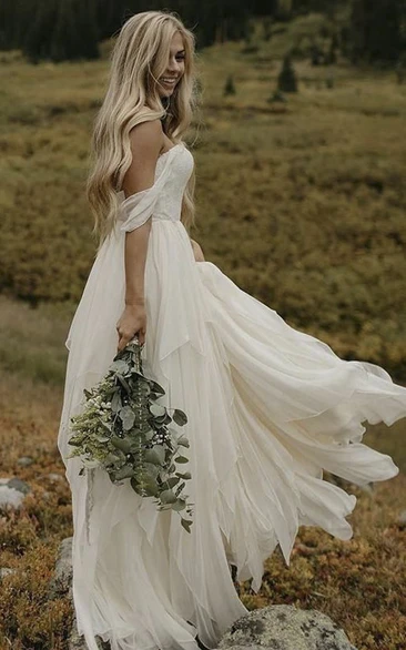 Off-the-shoulder Sweetheart Ethereal Chiffon Floor Length Boho Wedding Dress