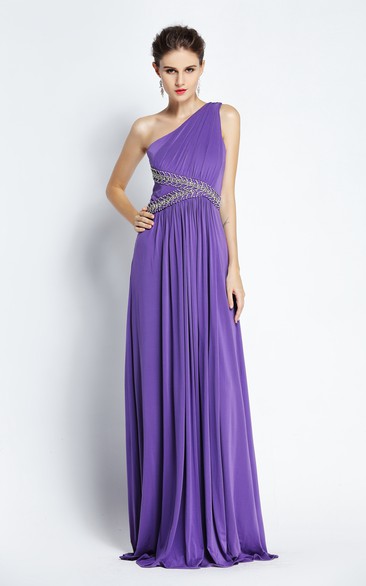 A-Line Floor-length One-shoulder Chiffon Sleeveless Prom Dress with Beading and Ruching