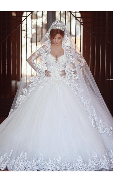 Lace Ball Gown Tulle Long Sleeves Off-the-shoulder Court Train Wedding Dresses