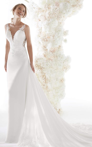 Backless Sexy Plunging V-neck Chapel Train Wedding Dress With Lace Appliques