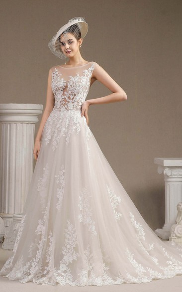 Cap Sleeve Illusion Top Ballgown Wedding Dress With Lace Appliques And Button Back