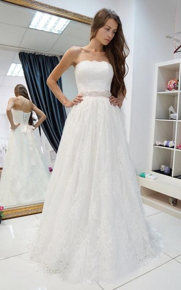 A-Line Strapless Sleeveless Lace Gown With Beading Band and Lace-Up Back