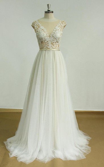 Deep V Cut Open Back Tulle Lace Wedding With Champagne Tulle Dress