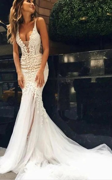 Mermaid Plunged Sexy Wedding Dress | Lace Backless Trumpet Bridal Gown