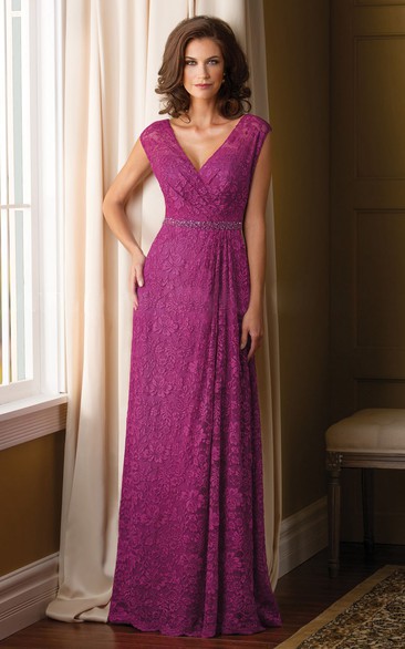 Cap-Sleeved V-Neck Lace Mother Of The Bride Dress With Beadings And V-Back