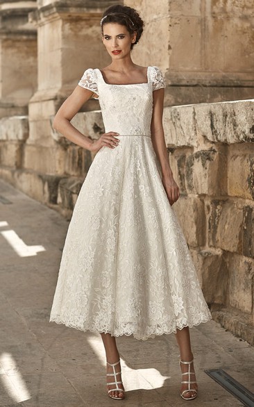 A-Line Appliqued Short-Sleeve Square-Neck Tea-Length Lace Wedding Dress