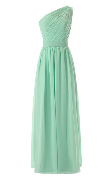 One-shoulder Pleated Chiffon A-line Gown With Satin Band