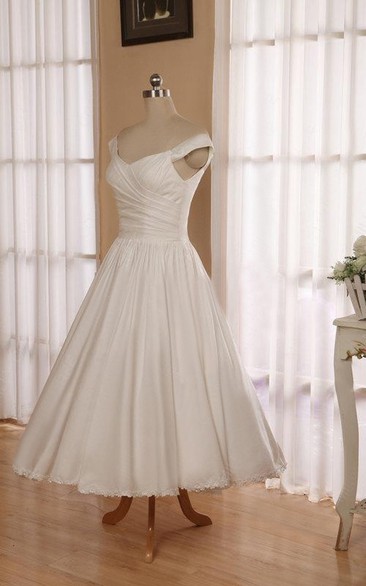 V-Neck Sleeveless Button Back Tea-Length Satin Wedding Dress