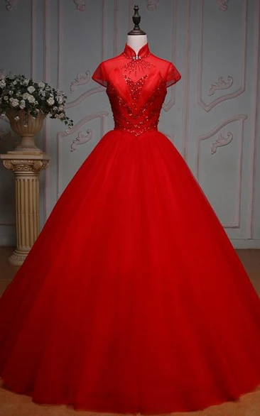 Ball Gown Long High Neck Bell Cap Pleats Beading Lace-Up Back Tulle Lace Dress