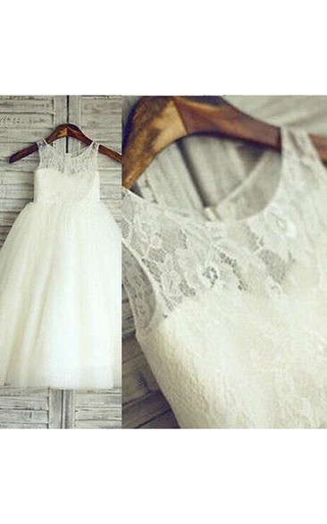 Scoop Neck Lace Top Tulle Ball Gown With Illusion Style
