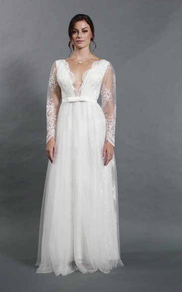 Deep-V Neck Long Sleeve Lace and Tulle A-Line Dress With Bow Sash