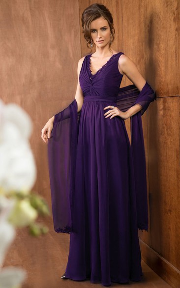V-Neck Sleeveless A-Line Gown With Shawl And Beadings