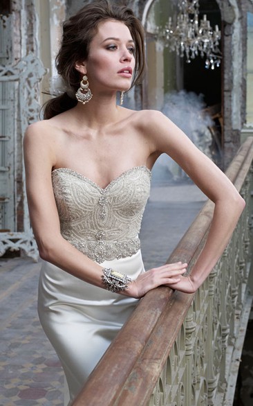 Stunning Beaded Jeweled Embellished Bodice Satin Trumpet Dress