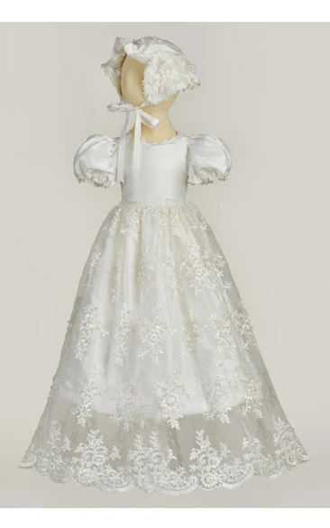 Fancy Puff Sleeve Christening Dress With Lace Appliques