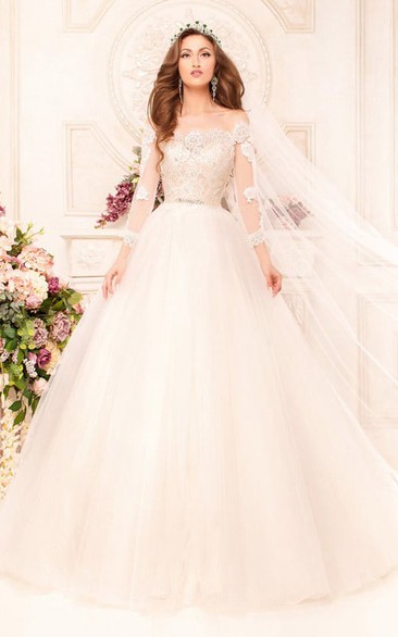 Ball Gown Long Off-The-Shoulder Long-Sleeve Illusion Tulle Dress With Appliques And Beading