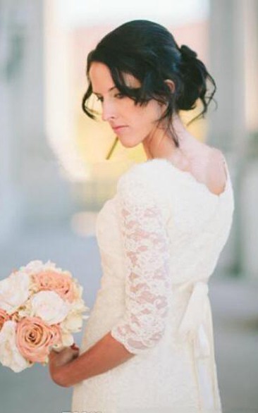Romantic Beach 3/4 Sleeve Jewel Modest White Bohemian Lace Wedding Dress