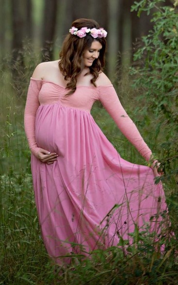 Chiffon Lace A-line Illusion Long Sleeve Off-the-shoulder Maternity Dress