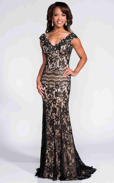 Sheath Lace Backless Cap Sleeve Prom Dress With V-Neck