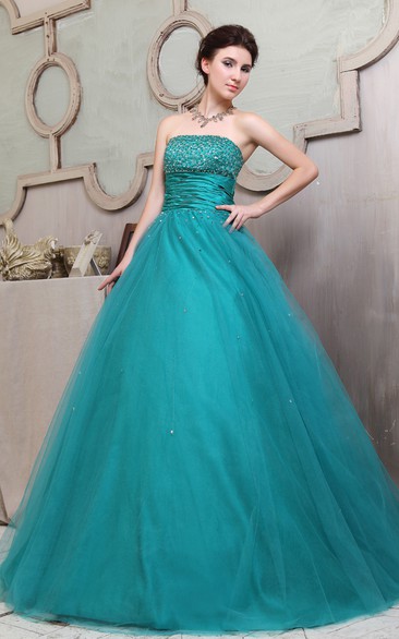 Floral Strapless A-Line Ball Gown With Ruffles and Beading