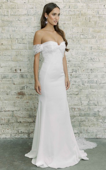 Modern Off-the-shoulder Sheath Floor-length Court Train Sleeveless Wedding Dress With Lace