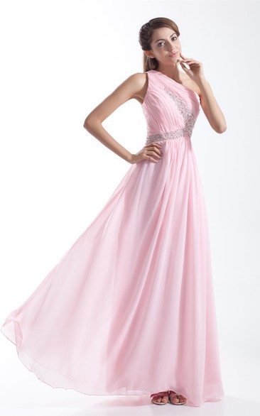 One-Shoulder Pleated Chiffon Gown With Crystal Detailing