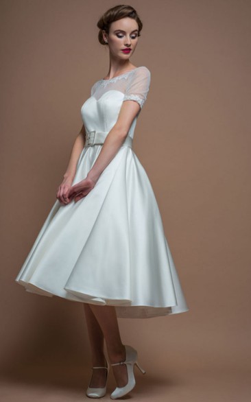 A-Line Tea-Length Short-Sleeve Scoop-Neck Satin Wedding Dress With Illusion