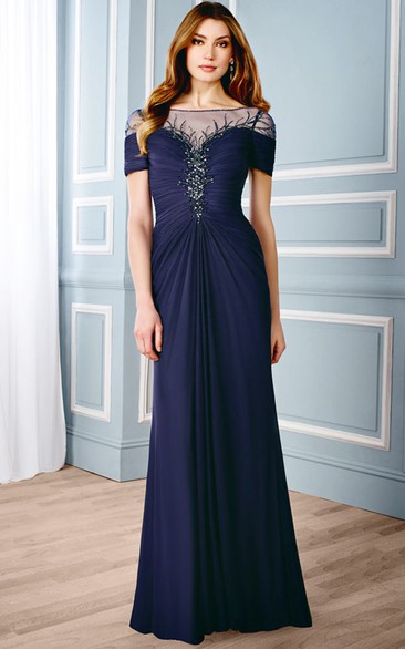 A-Line Bateau Short-Sleeve Beaded Maxi Chiffon Formal Dress With Low-V Back And Ruching
