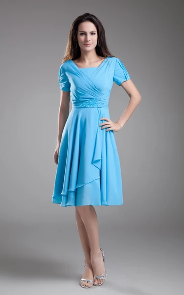 Square-Neck Knee-Length Short Sleeve Dress With Pleating