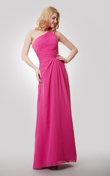 One-Shoulder Floor Length A-Line Chiffon Dress With Ruching