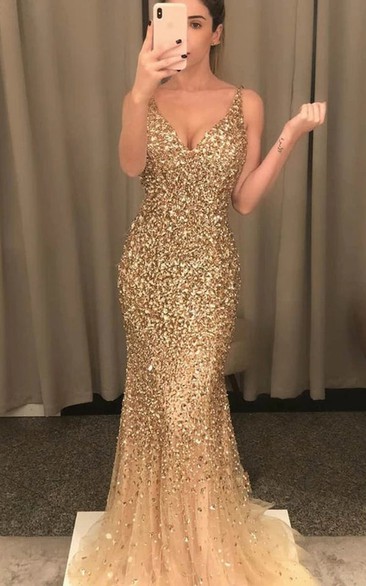Sexy Trumpet Tulle Floor-length Sleeveless Deep-V Back Evening Dress with Sequins
