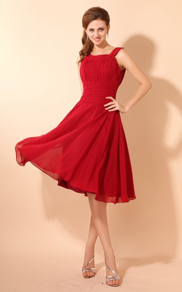 Square-Neck Chiffon Knee-Length Dress With Pleating