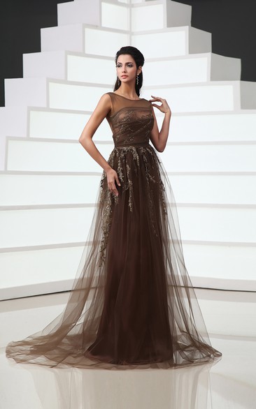 Backless Bateau Cap-Sleeved Tulle A-Line Gown With Embroidery and Sequins