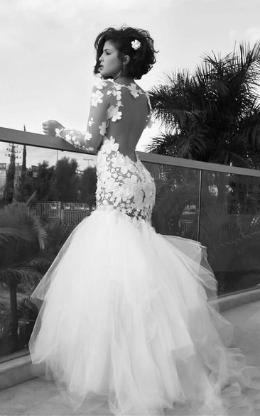 Delicate Long Sleeve Tulle Mermaid Wedding Dress With Appliques