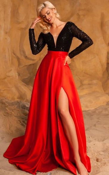 Plunged Illusion Long Sleeve Black and Red Front Split Prom Dress with Beaded Top