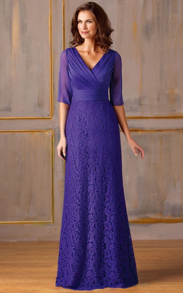 Half-Sleeved V-Neck Lace Mother Of The Bride Dress With Illusion Back